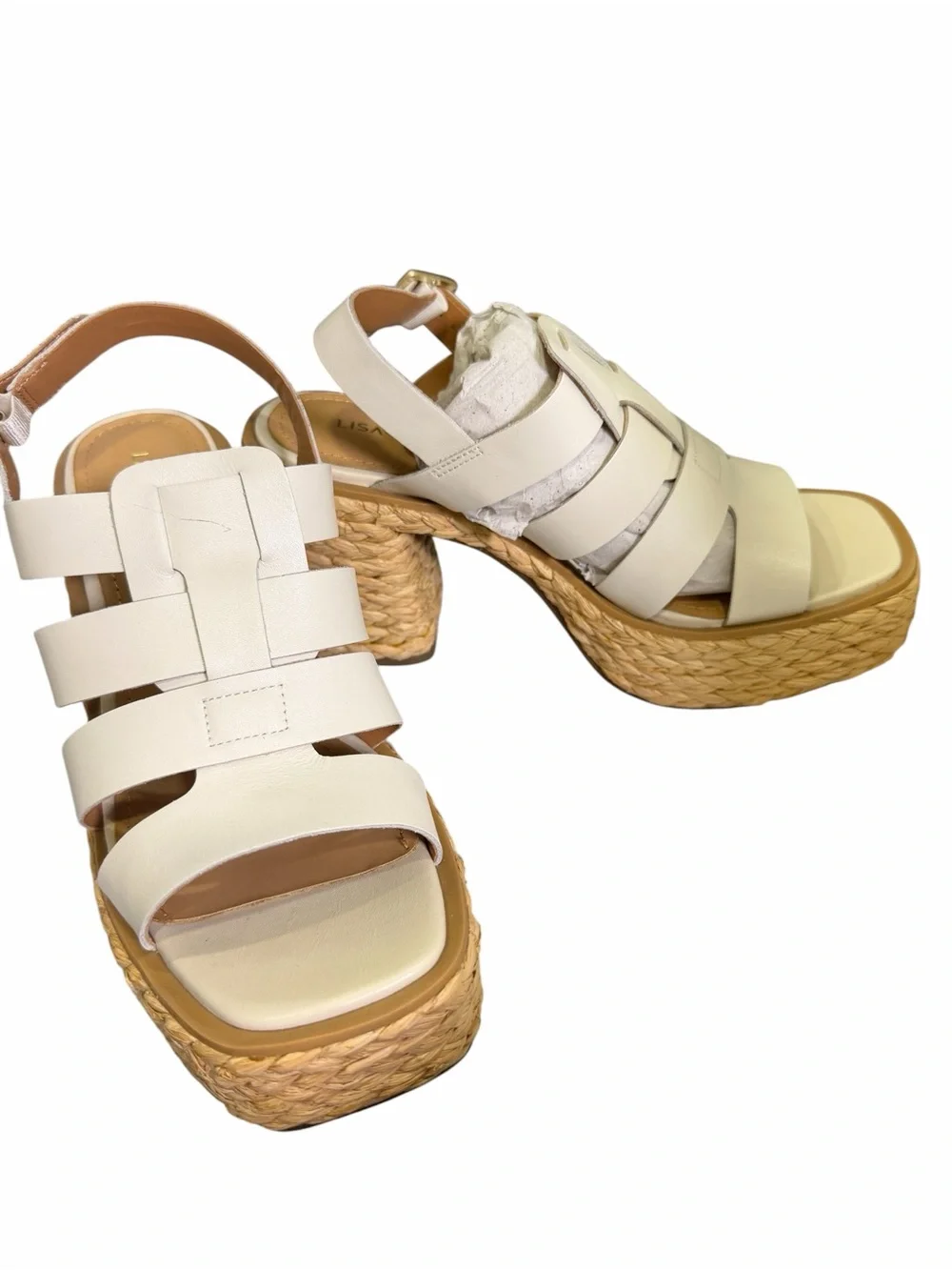 Lisa & Vicky  Just-V  Winter White Leather Platform Woven Sandals
